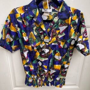 Vintage 80s/90s Maycene Abstract Collared Top – Smocked Waist